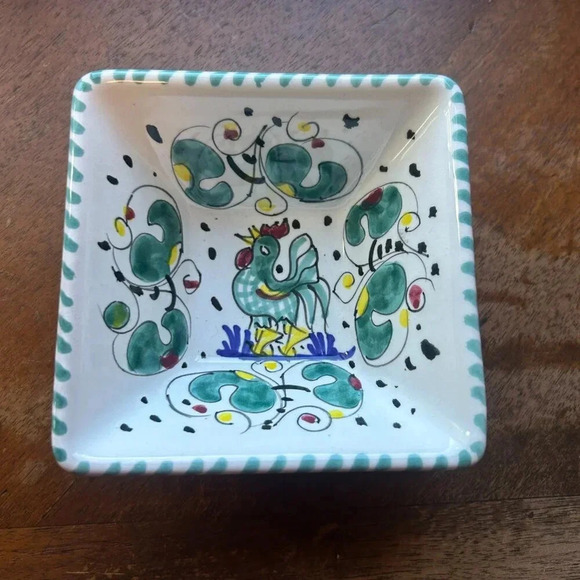 Sambuco Mario Deruta Italy Green Rooster Square Small Bowl - Picture 7 of 7